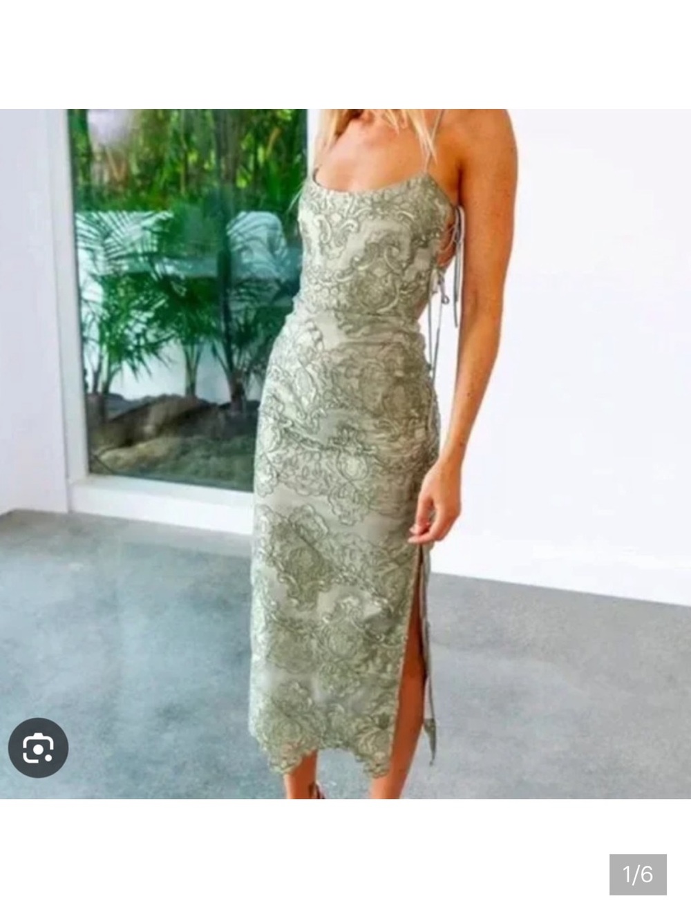 V. Chapman Sage Lace Slip Midi Dress